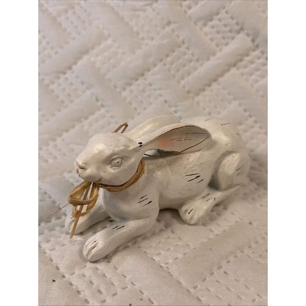 Resting Bunny Rabbit Easter Decor Statue Faux Wood Look Resin Farmhouse Country